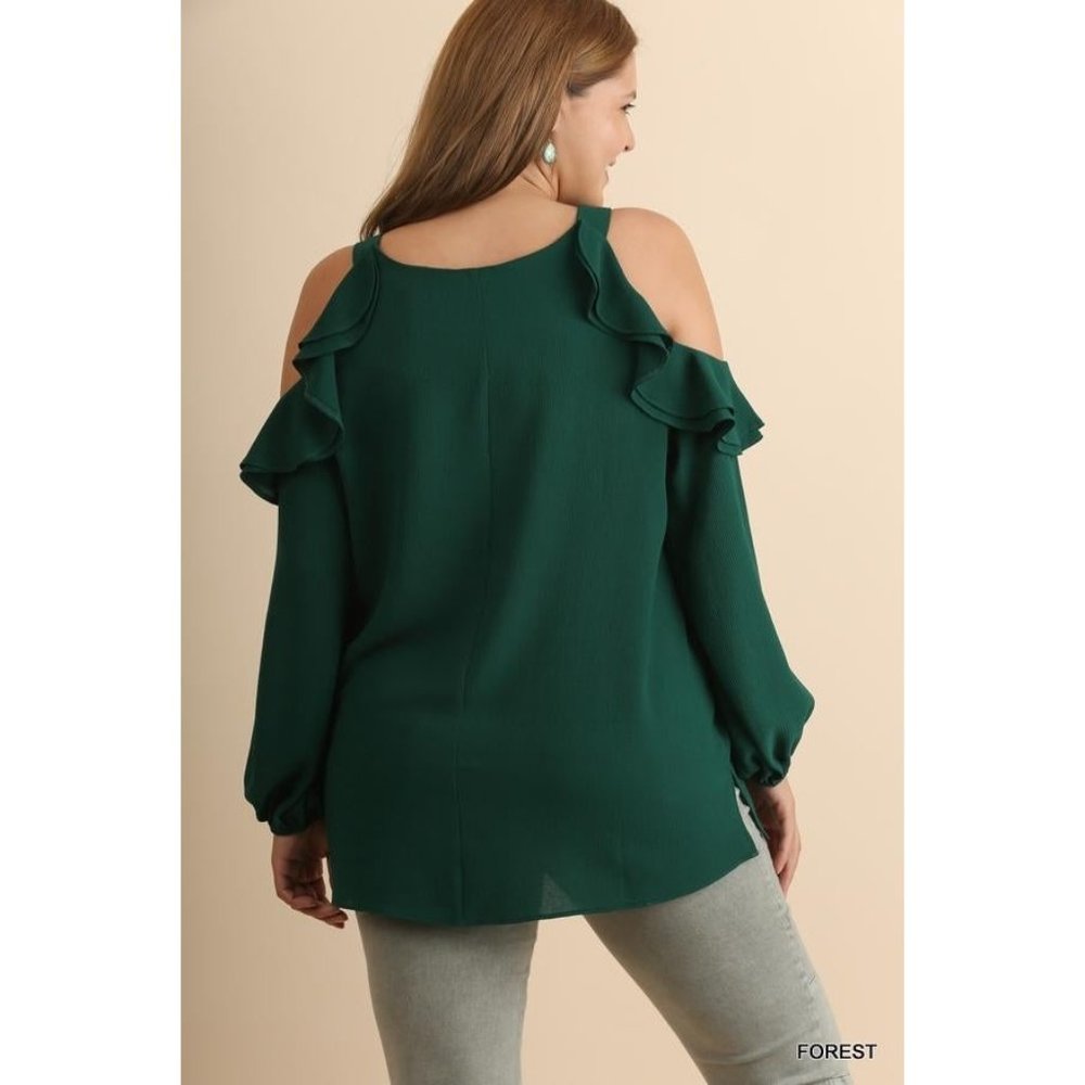 Umgee Ruffle Open Shoulder Blouse, Forest - Picture 4 of 4
